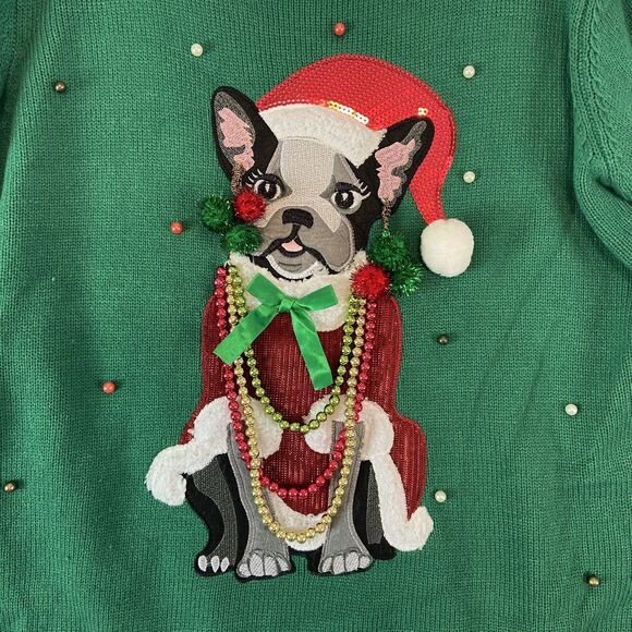 Holiday Time Ugly Christmas Sweater Women XL Green French Bulldog Festive Funny - Picture 2 of 5